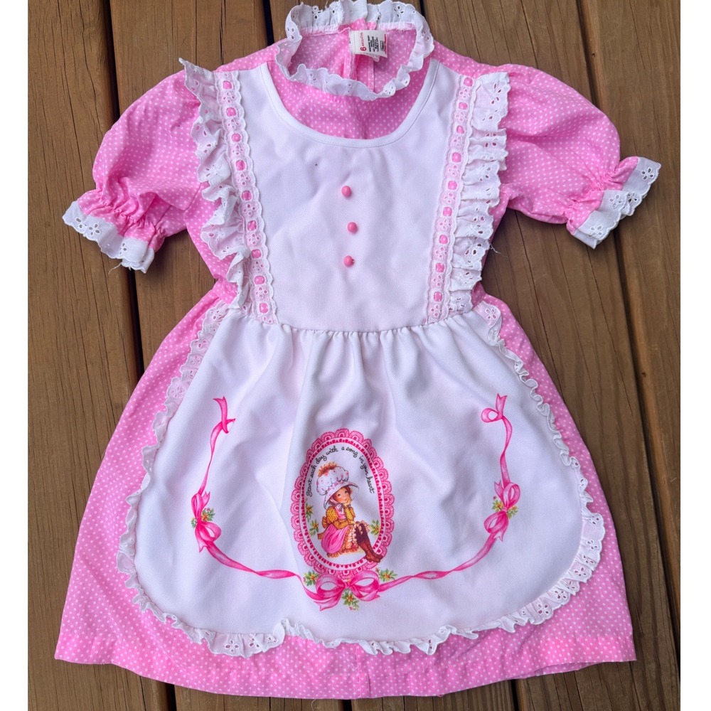 Vintage Sears 70s-80s Pink Polka Dot Apron Dress Strawberry Shortcake - 6